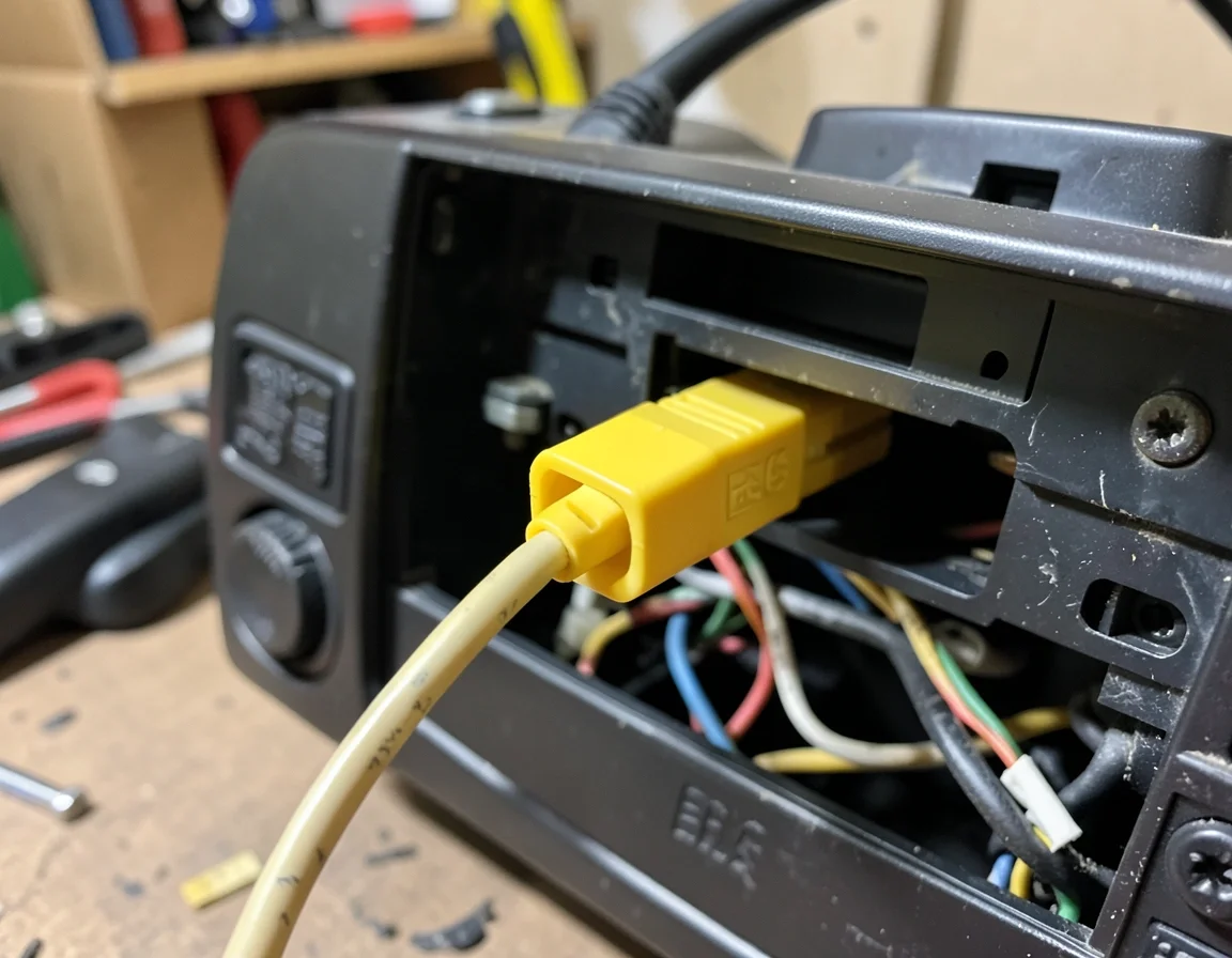 Yellow RCA video cable connector being plugged into the rear wiring harness of a car stereo head unit