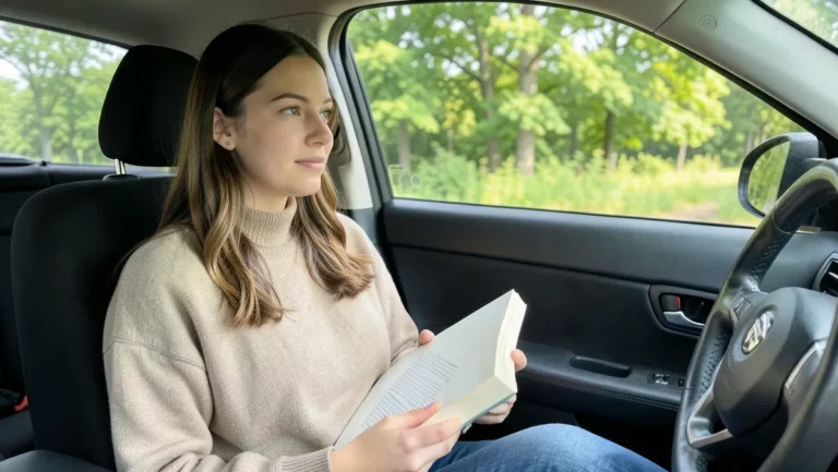 Woman reading a book in the front seat of a car while glancing up at the passing trees to reduce motion sickness
