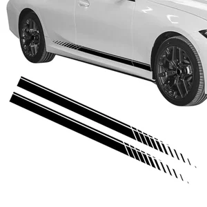 Rebvugr 2-piece black sports racing stripe vinyl graphic decal applied along the rocker panel of a white sedan