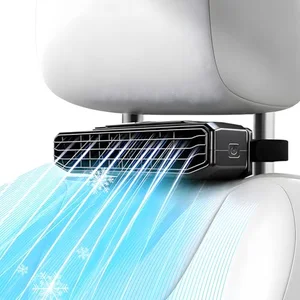 Rechargeable battery-powered mini fan clipped to a car headrest for rear seat cooling
