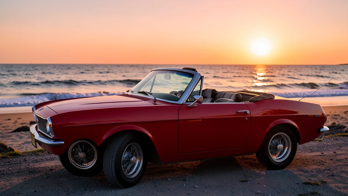A red convertible with the soft top folded down, parked near a beach at sunset
