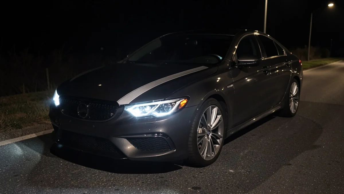 Car with reflective vinyl stripe glowing under headlight beam at night