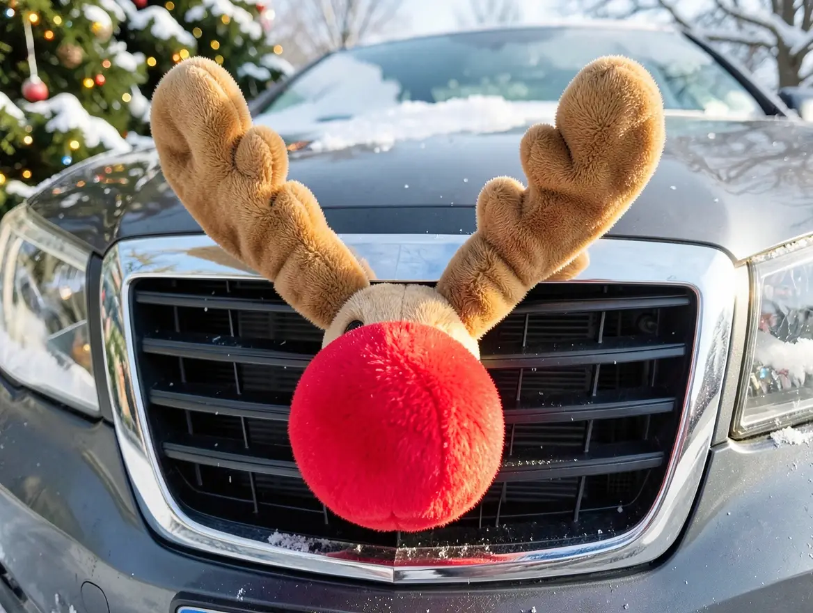 Close-up of plush reindeer antlers and a red nose costume kit attached to a car front grille in the snow