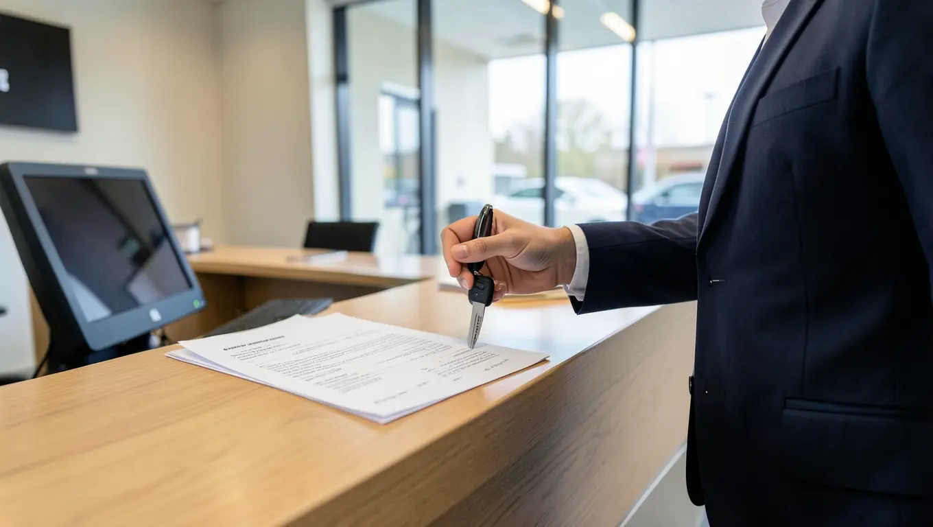 A borrower signing car loan paperwork and handing over keys at a dealership desk