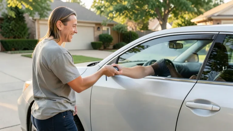 Handing over the car key fob to a renter after listing a car for rent