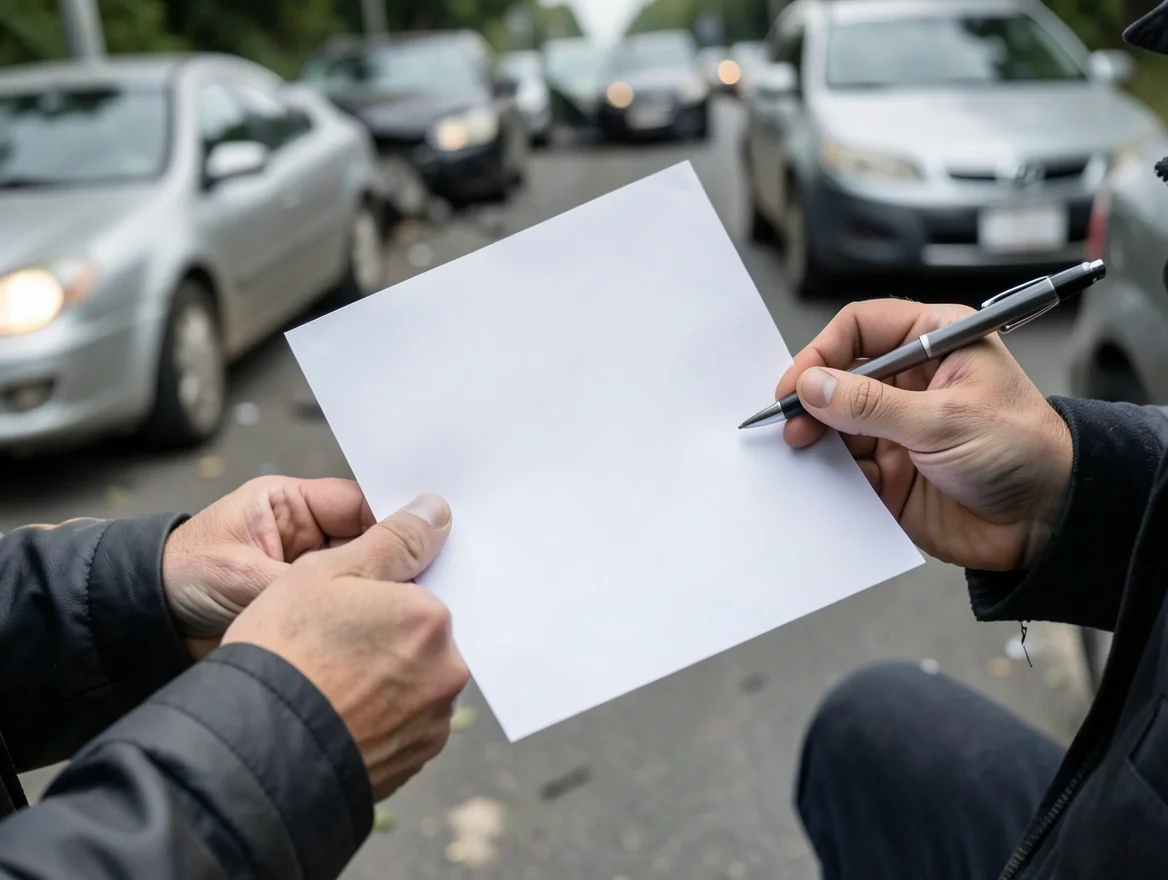 Two drivers exchanging insurance and contact information after a minor rental car accident