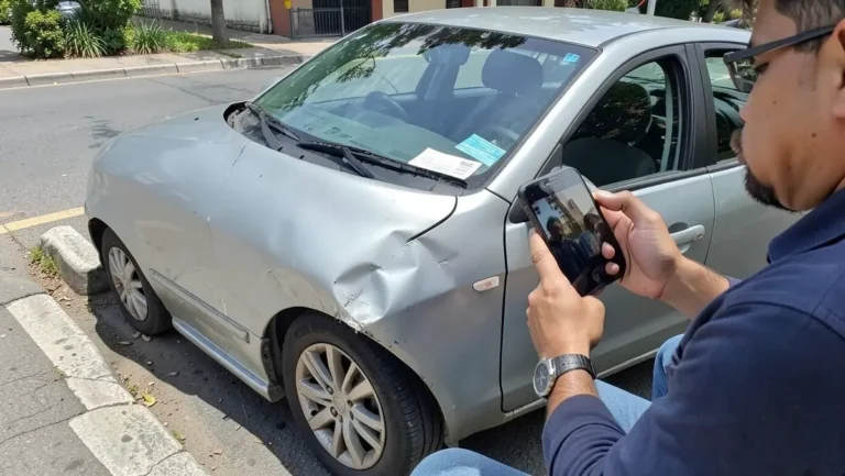 A driver photographing minor front-end damage on a rental car with a smartphone after a collision