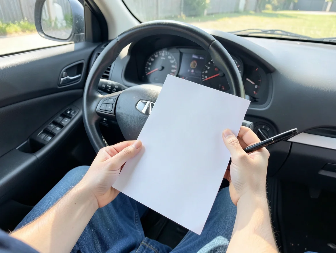 A driver reviewing a rental car agreement inside the vehicle before deciding on insurance coverage