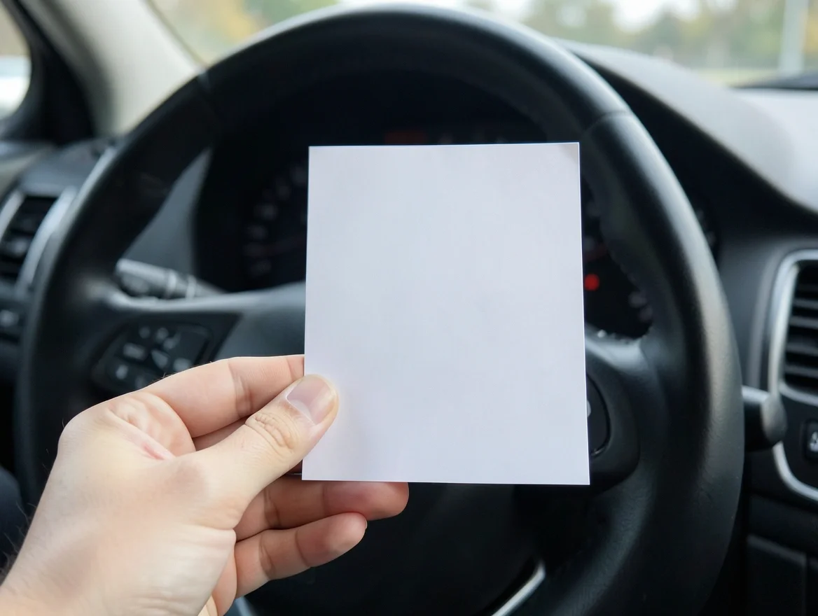 Hand holding a rental car insurance document next to the steering wheel and dashboard