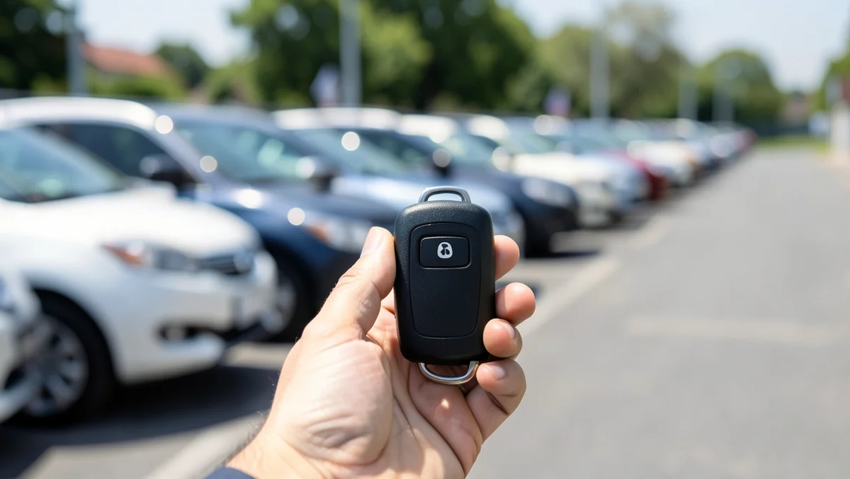 A hand holding a rental car key fob with a row of parked rental cars in the background