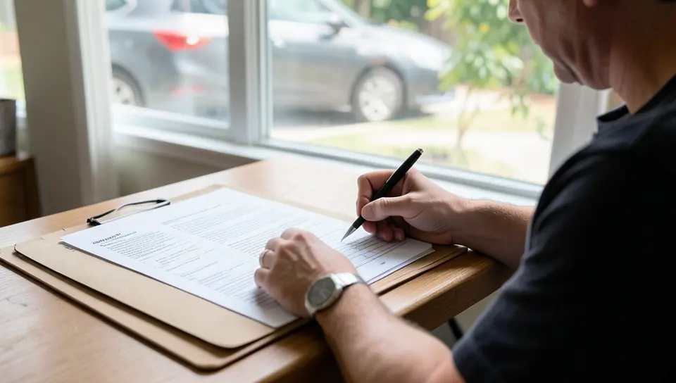 Person filling out paperwork to report a vehicle to the Social Security Administration, with a car visible outside