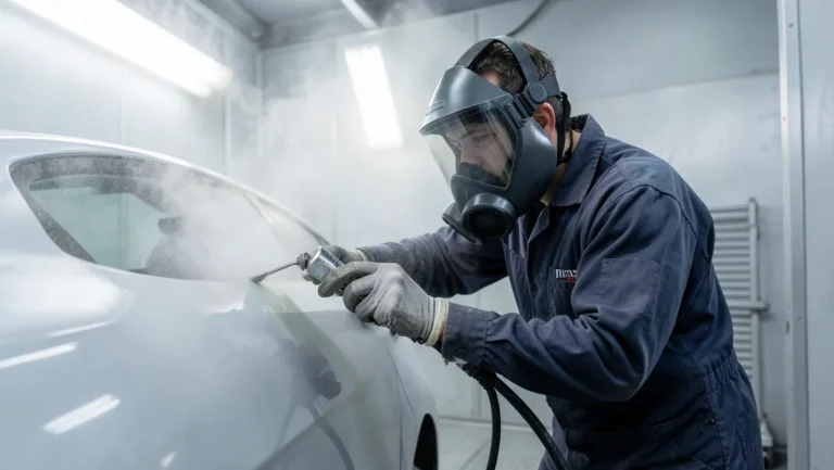 Automotive painter wearing a full-face supplied-air respirator while spraying a car body panel in a paint booth