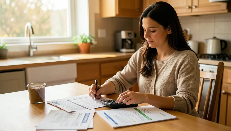Woman reviewing household bills and car loan statement while budgeting for SNAP eligibility