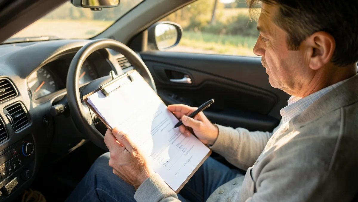 Driver reviewing a car insurance policy document on a clipboard before lending out the car