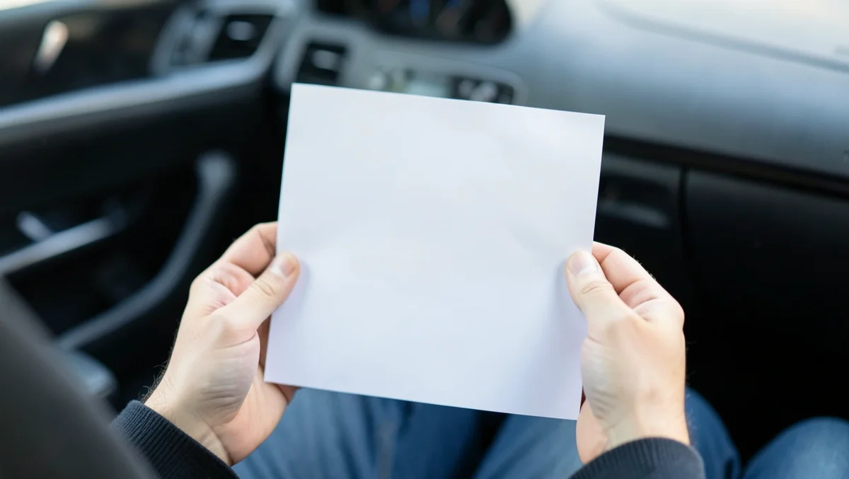 Driver sitting in a car reviewing a printed auto insurance policy document