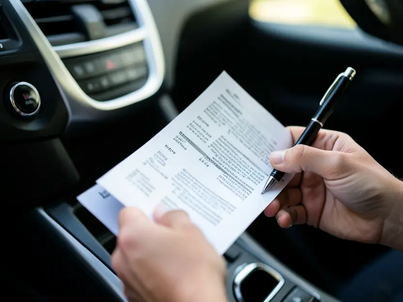 Close-up of hands reviewing a car insurance policy document inside a car