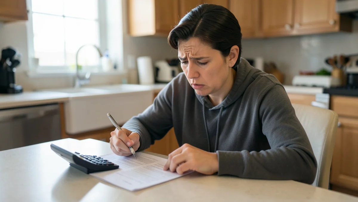 Person reviewing car loan paperwork and using a calculator at a kitchen table