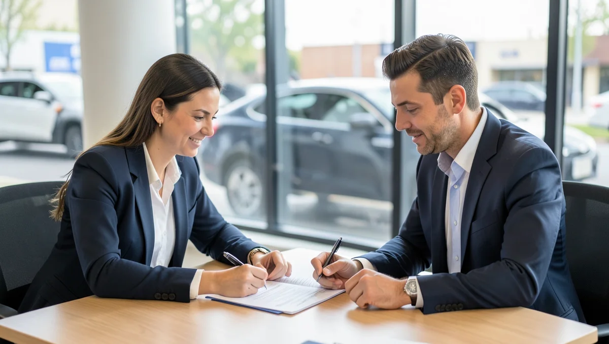 A car buyer reviewing auto loan terms and interest rate paperwork with a dealership finance manager