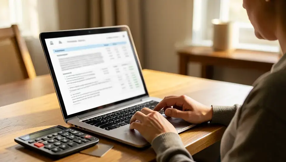 Person reviewing a credit report on a laptop at a home desk with a calculator nearby