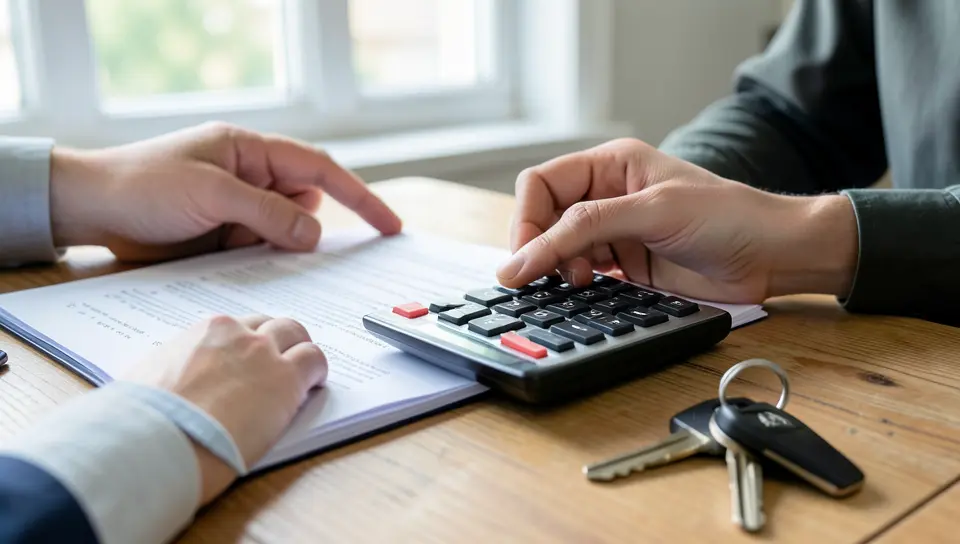 Person reviewing financial paperwork and a calculator next to car keys, checking SSI resource limits