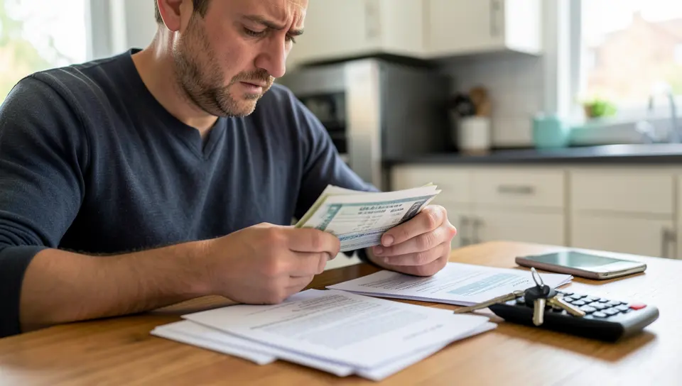 Man reviewing a missed car payment notice and bills at his kitchen table