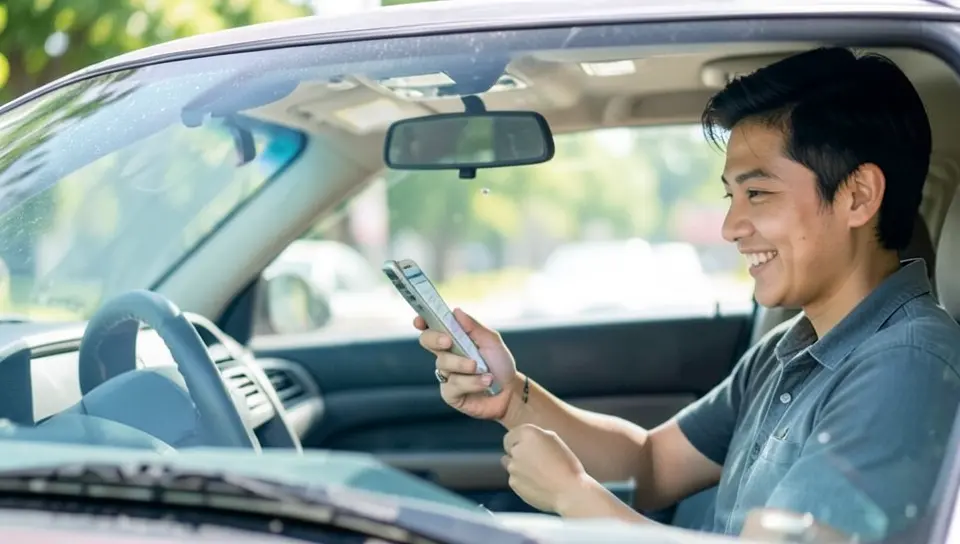 Driver reviewing a used car loan offer on a phone while sitting in the car