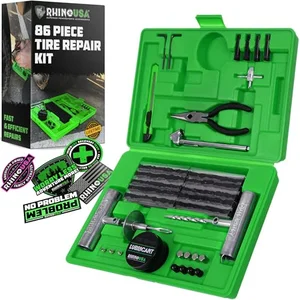 Rhino USA 86-piece heavy duty tire plug repair kit case open showing tools and plugs