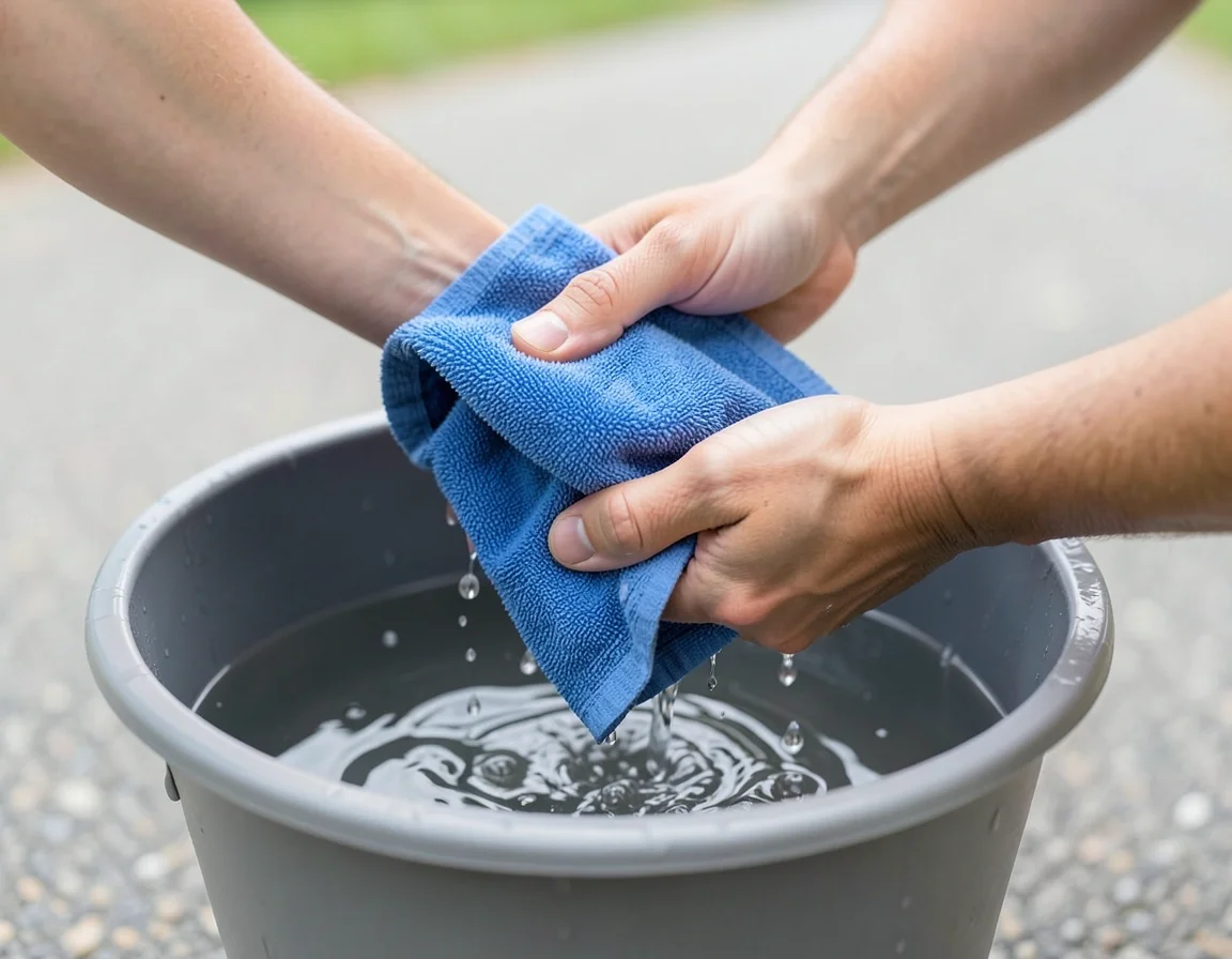 Hands rinsing a blue microfiber clay towel clean in a bucket of water
