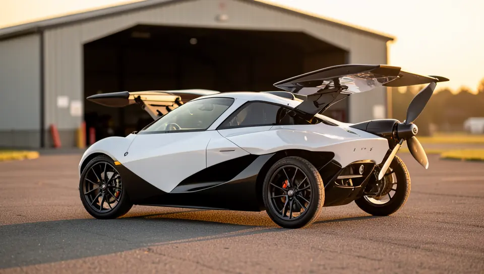 Roadable flying car with folded aircraft wings parked outside a hangar