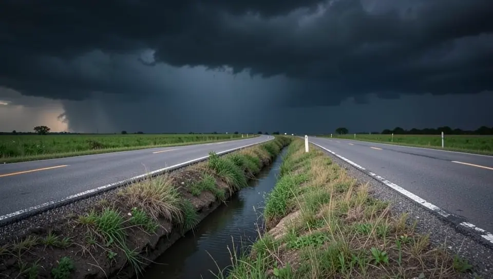 A roadside ditch noticeably lower than the level of the highway
