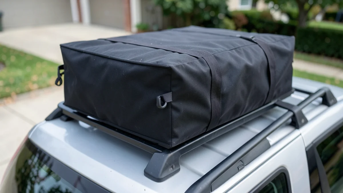 Large black rooftop cargo bag fully packed and strapped onto an SUV roof rack, showing typical rooftop storage capacity