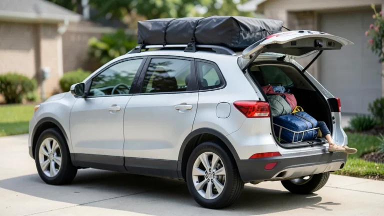 SUV with a black rooftop cargo bag loaded on its roof rack while a family packs the open trunk in a driveway