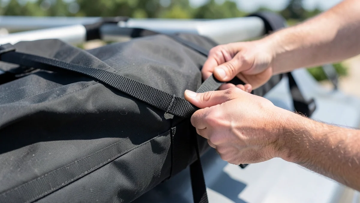Close-up of hands tightening a nylon tie-down strap to secure a rooftop cargo bag to roof rack crossbars