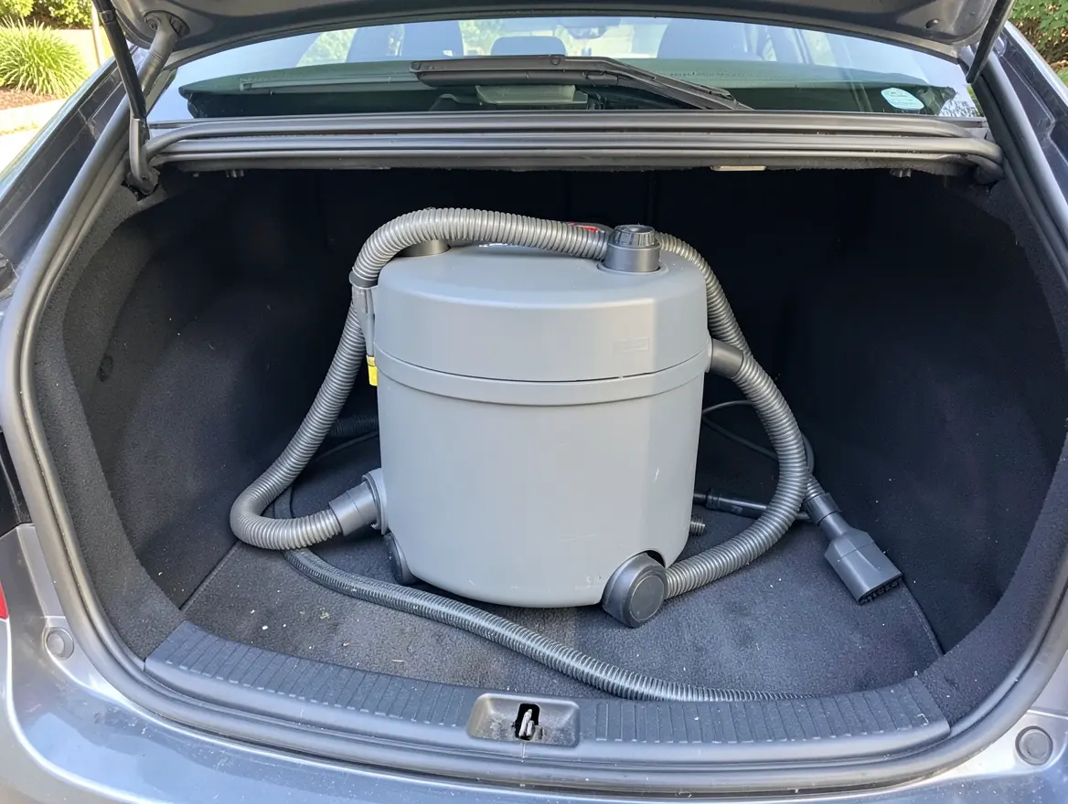 Portable carpet and upholstery extractor machine set up in a car trunk for deep cleaning