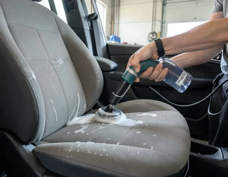 Cleaning a car fabric seat with a handheld upholstery extractor wand and foam cleaner