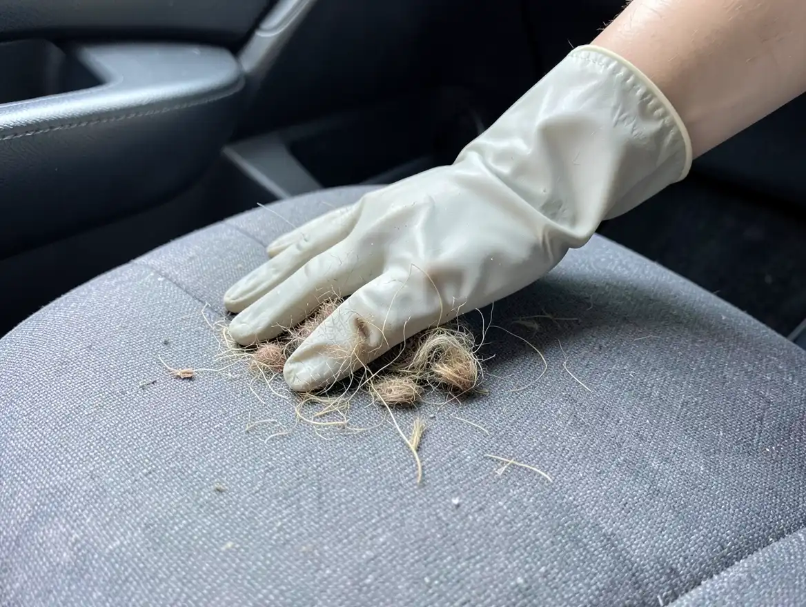 Rubber dish glove rubbed across a car seat cushion rolling embedded dog hair into a clump