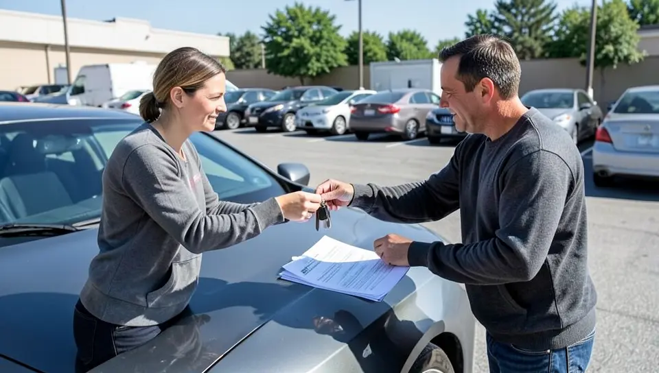 Buyer and seller exchanging car keys and paperwork in a public parking lot