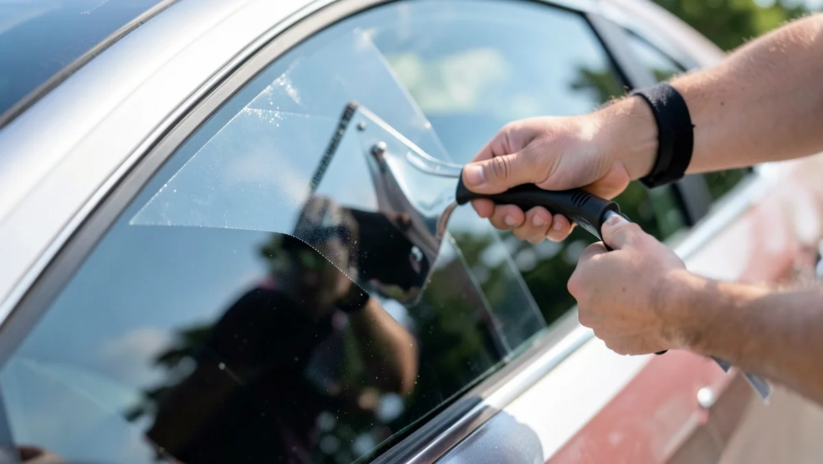 Technician applying clear anti-shatter safety film to a car side window