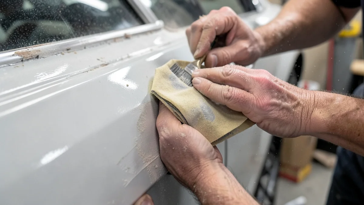 Hands sanding a repaired fiberglass car panel by hand with dust visible