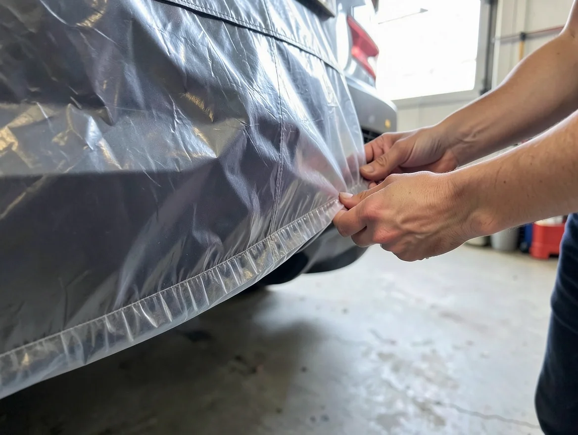Hands securing the elastic hem of a clear plastic car cover under a car bumper