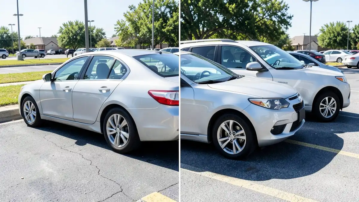A silver sedan and a white SUV parked side by side in a parking lot, showing the size and height difference between the two body styles