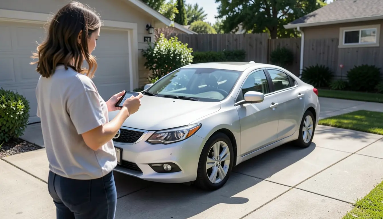 Person photographing their car in the driveway to list it for sale online