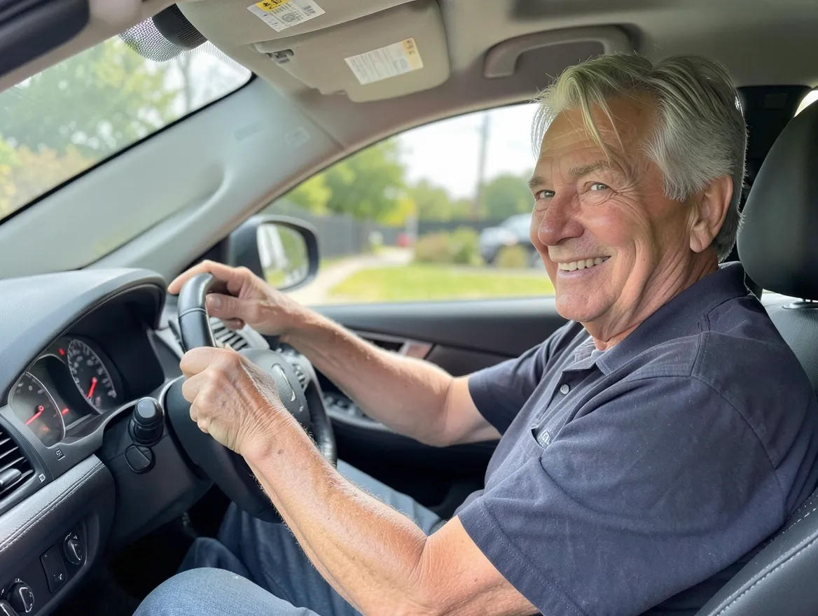 A smiling senior adult driver with hands on the steering wheel of a car