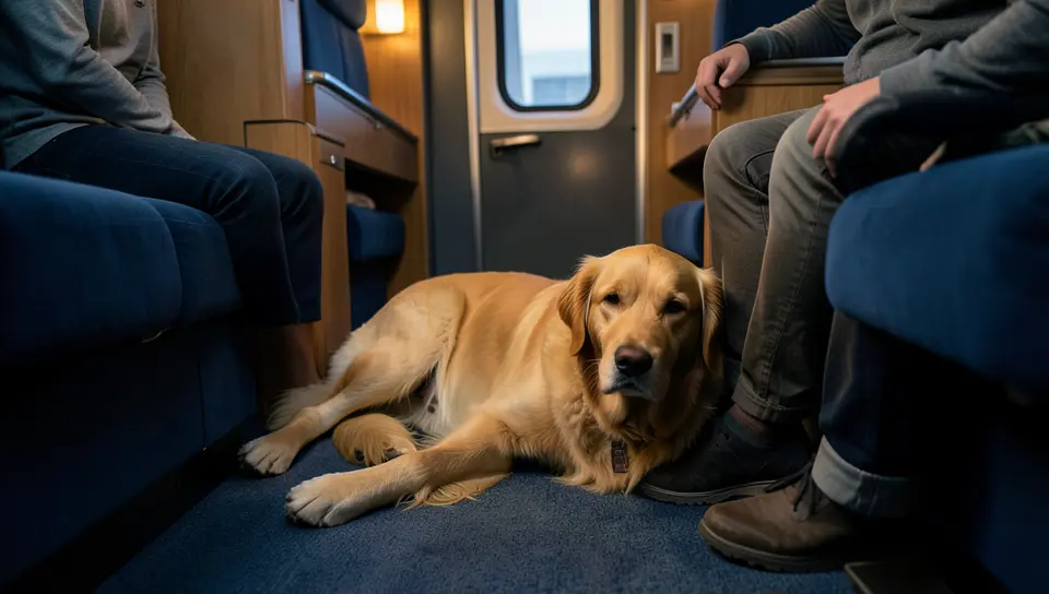 Golden retriever service dog resting on the floor of an Amtrak sleeper roomette beside its handler