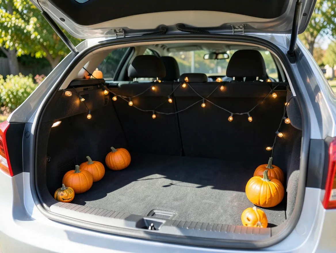 An open, cleaned-out car trunk being set up with string lights and small pumpkins before adding candy