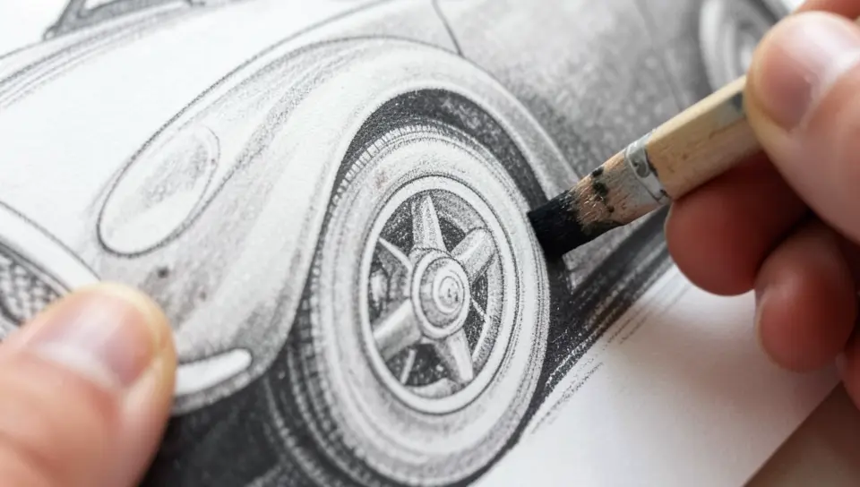 Close-up of a hand blending graphite shading on a car wheel in a pencil drawing