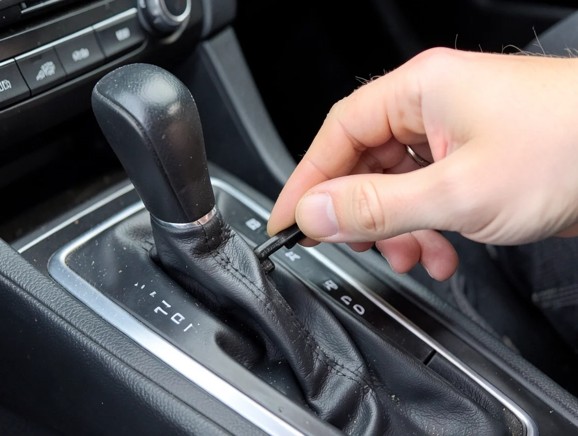 A hand using a flat tool to press the manual shift lock release slot next to a car gear shifter to move it into neutral without a key