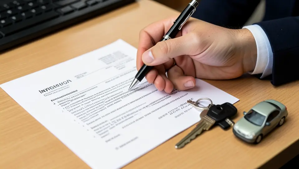 Signing a car insurance policy document next to car keys and a model car