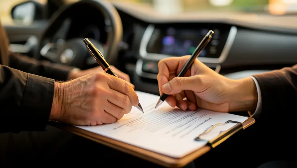 Two people signing car lease early termination paperwork on a clipboard inside a vehicle