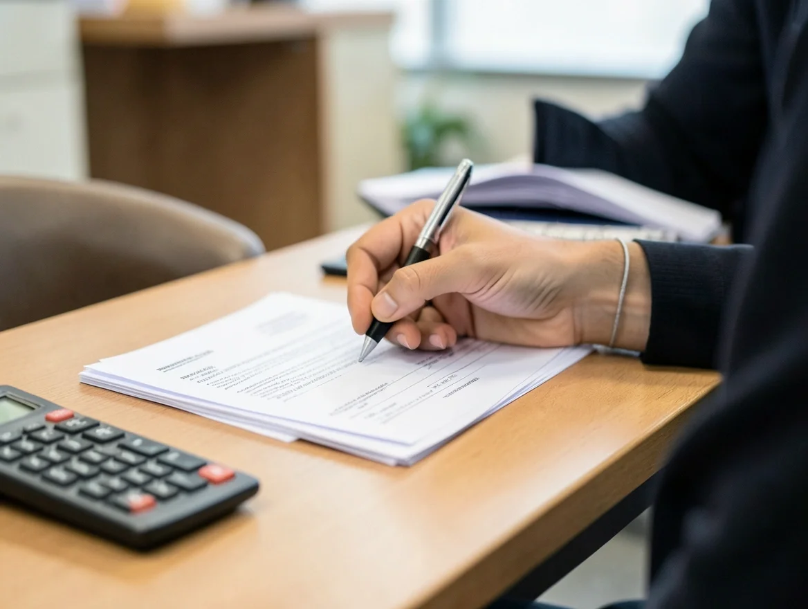 Buyer signing car loan and title paperwork at a dealership finance desk